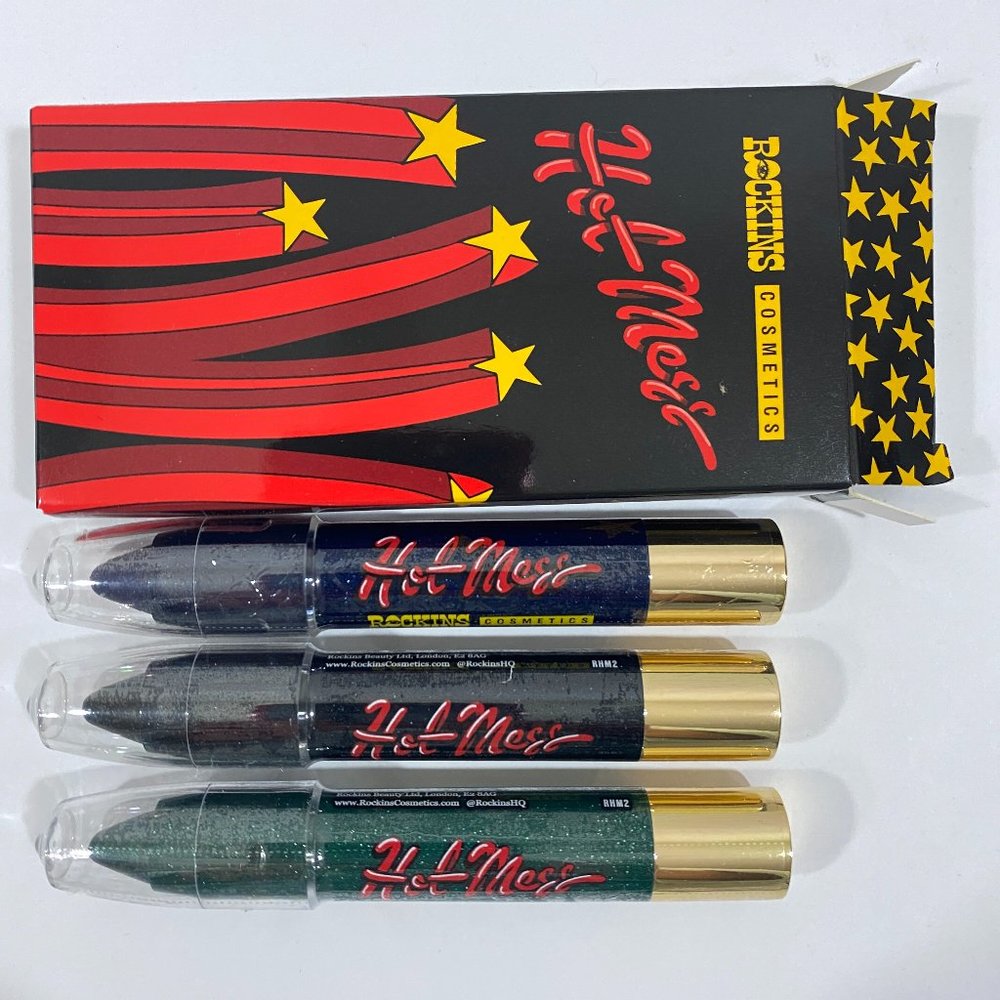 NEW Rockins Hot Mess Threesome Glitter Gel Eye Pens 3 Pc Black Blue Green SEALED